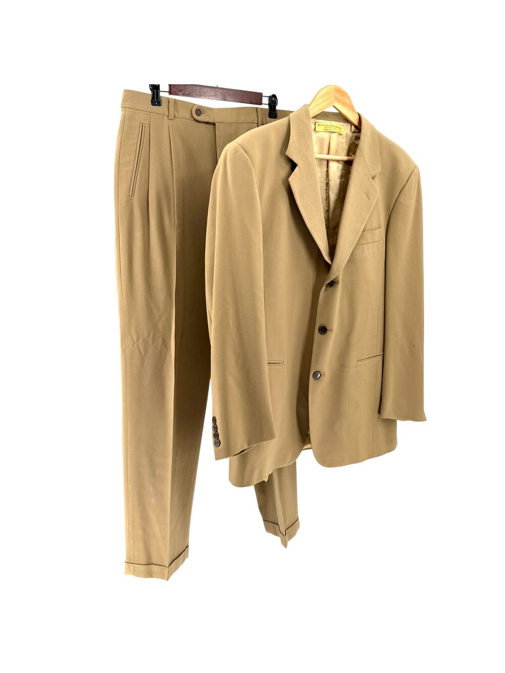 Vintage 90s Donna Karan Signature Tan Pleated JFK Jr Style 3 Button Suit